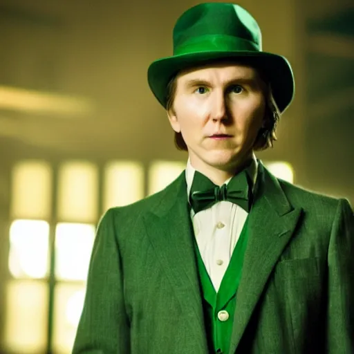 Image similar to film still of Paul Dano as Riddler in a green suit and tie and green fedora in The Batman, 4k, dark lighting, film noir, grainy, dark tone