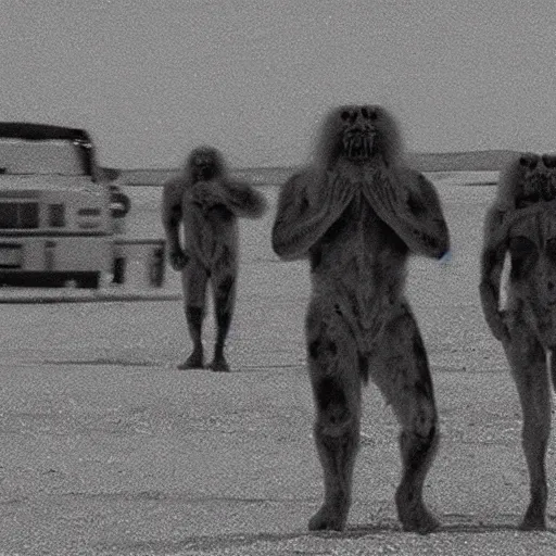 Prompt: the mutant human - animal hybrid creatures that were created at dugway underground military base in utah, at night, real night vision infrared footage, creepy as heck, cursed footage, full body view, creepy security camera footage, in the desert at night