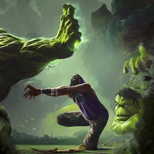 Image similar to snoop dog as big as hulk fights giant ganja plant, cinematic lighting, highly detailed, concept art, art by wlop and artgerm and greg rutkowski, masterpiece, trending on artstation, 8 k