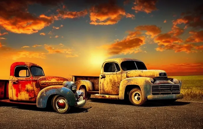 Image similar to A beautiful colorful evening scene of route66, old road with abandoned gas station and rusty old pickup truck, hyper realistic, blinding backlight evening sun, sparkling sun rays, epic scene, intense setting, evening vibe