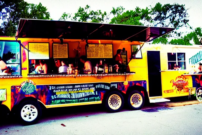 Image similar to Frenchmen Street Food Truck at Swamphead, lots of people, in the style of street photography, susperia 400 film stock