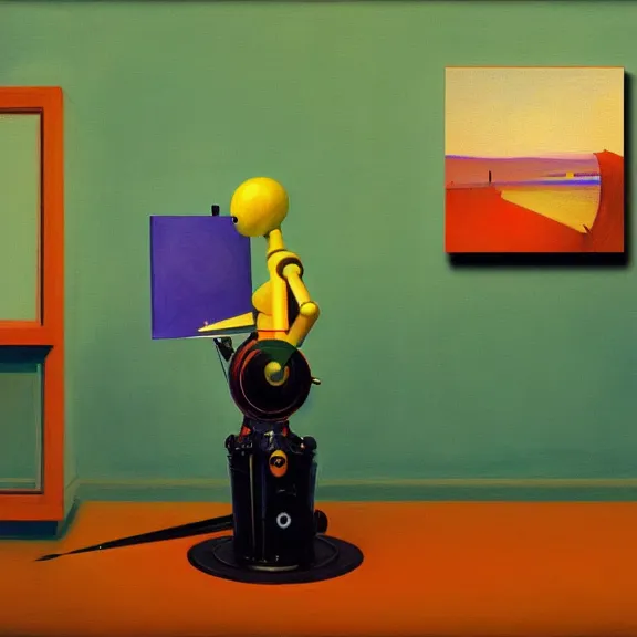 Image similar to beautiful illustration of a robot painting an artwork on a canvas with a paintbrush by Edward Hopper, colorful octane render