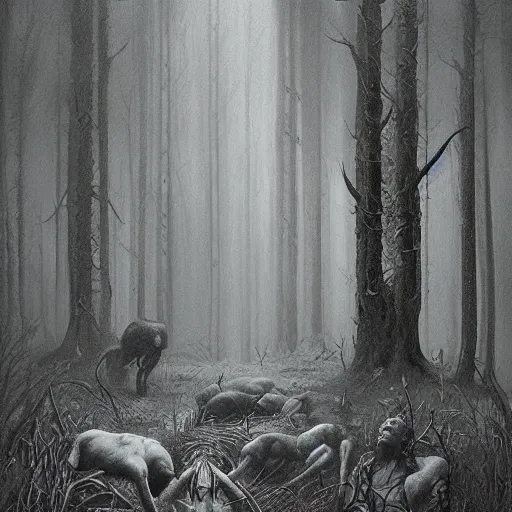 Prompt: occult sacrifice in the woods, skinwalkers involved, detailed concept art beksinski style