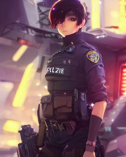 Image similar to anime key visual of elizabeth olzen as a police officer, neon, cyberpunk, futuristic, stunning, highly detailed, digital painting, artstation, smooth, soft focus, illustration, art by artgerm and greg rutkowski and alphonse mucha