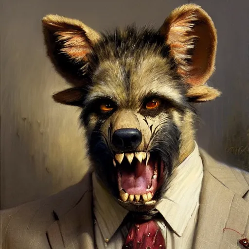 Image similar to a portrait of a gnoll wearing a suit and pulling his tongue at the viewer. highly detailed painting by gaston bussiere, craig mullins, j. c. leyendecker 8 k