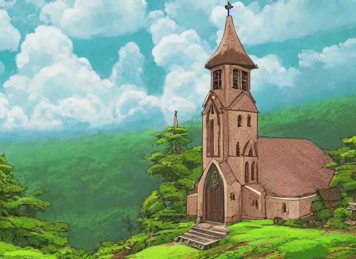 Image similar to view of a catholic church on a forested mountain, in the style of studio ghibli, distant, detailed, artstation, award winning painting,