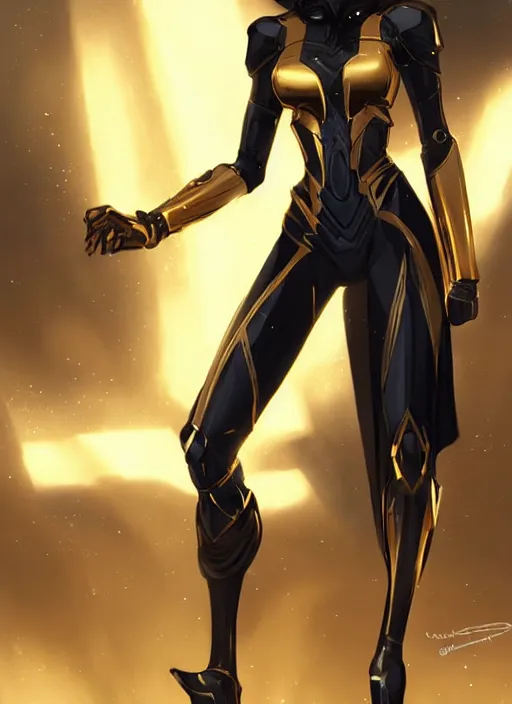 Image similar to woman wearing black and gold anubis cybertech armor. character design by charlie bowater, ross tran, artgerm, and makoto shinkai, detailed, inked, western comic book art