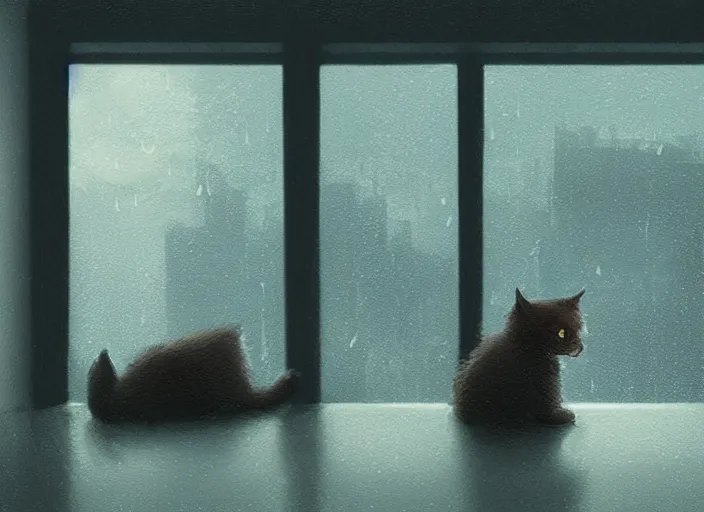 Image similar to cute cat sleeping in front of a window with a view of a rainy city, bokeh lights, dark sky, cozy indoor lighting, greg rutkowski, artstation, loish, alena aenami