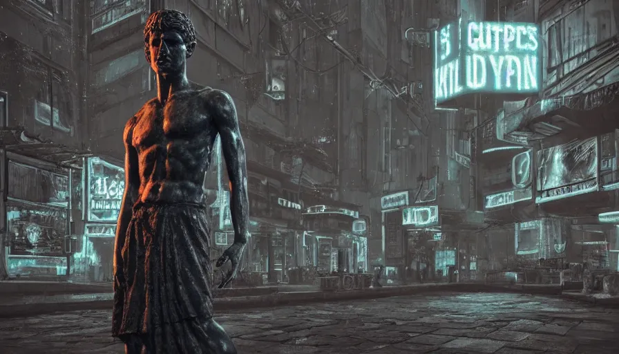 Image similar to a small weathered ancient greek sculpture standing in a square, surrounding by of cyberpunk city, neon sign, bladerunner, digital illustration, artstation, cinematic composition