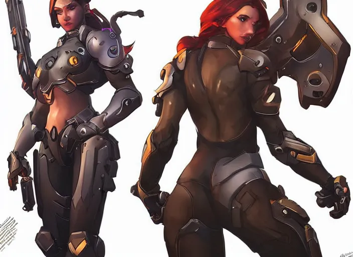 Image similar to poster!! beautiful new female character for overwatch, character concept art, action pose, illustration, full body armor, steel plating, huge weapon, super powers, athletic, long red hair, symmetry, intricate design, shiny, highly detailed, hd, dramatic lighting, art by artgerm and greg rutkowski