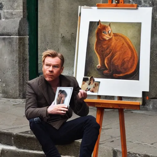 Prompt: the artists of montmartre paris, ewan mcgregor is watching paintings. ewan mcgregor is carrying a brown cat with yellow eyes