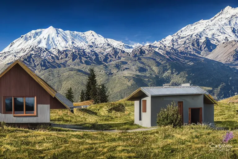 Image similar to architecture photo modern fachwerk house cottage settlement with Elbrus mountain on the background, architecture, photorealism 8k , high details