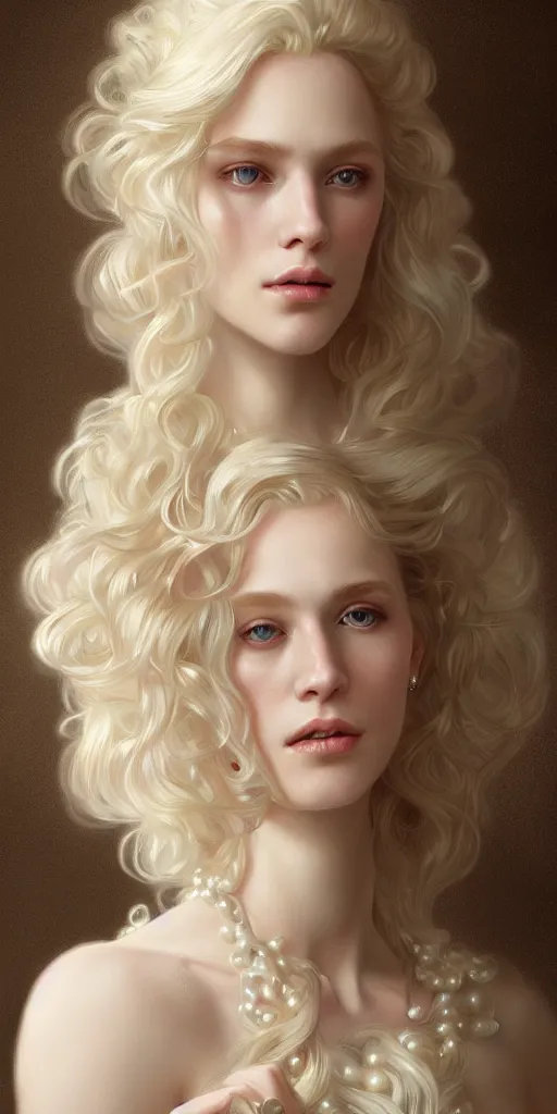 Image similar to a realistic liquid pale blond prince with a decorated dress made of white pearls , highly detailed, digital painting, very very very pale skin, long curly blond hair, Trending on artstation , HD quality, by artgerm and greg rutkowski and alphonse mucha, dramatic light, octane