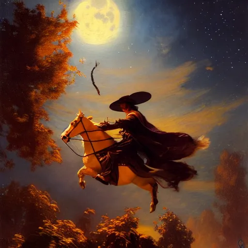 Prompt: attractive male witch magically flying trough the night, fantasy, full moon in background. highly detailed painting by gaston bussiere, craig mullins, j. c. leyendecker, mid shot, 8 k