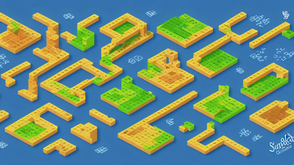 Image similar to sketched seasonable change isometric puzzle game, intricate design change