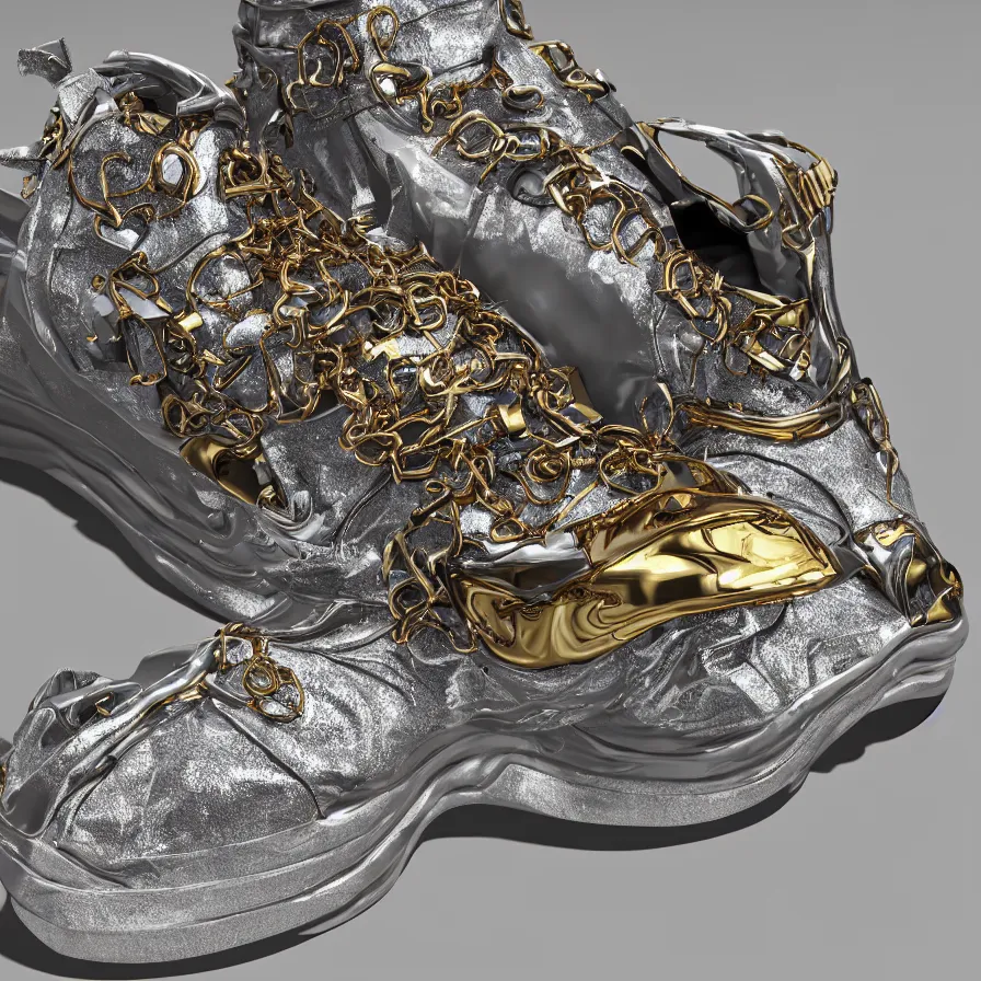 Image similar to futuristic balenciaga sneakers, nft art, highly detailed, hyper realistic, a ton of bussdown iced gold bling in wallace & gromit strata - cut claymation, ultra realistic, concept art, intricate details, serious, highly detailed, photorealistic, octane render, 8 k, unreal engine