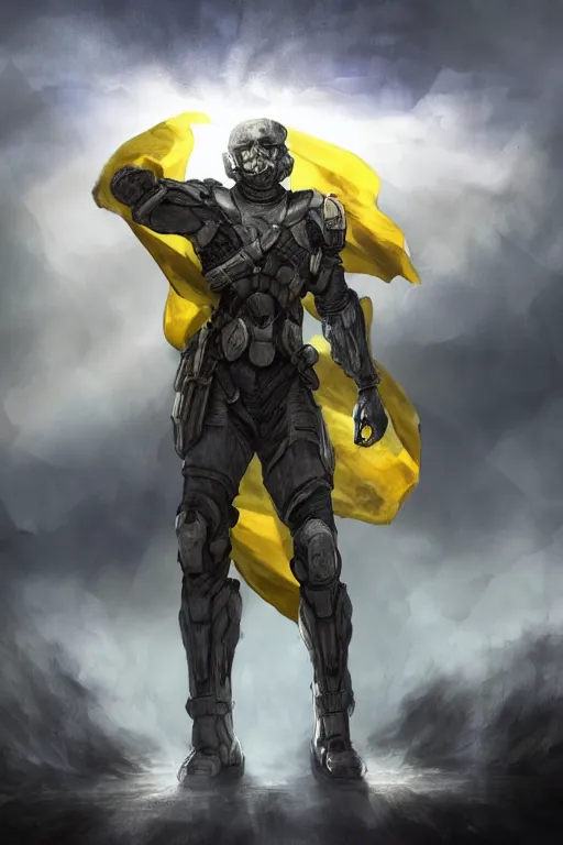 Image similar to a full body shot from distance of a super soldier with a Ukrainian blue and yellow stripes flag standing in the beam of light from the clouds on a pile of skulls and rotten cars as a winner, masculine figure, D&D, fantasy, intricate, elegant, highly detailed, digital painting, artstation, concept art, matte, sharp focus, symmetrical, illustration, hyperrealistic, art by Artgerm and Greg Rutkowski and Alphonse Mucha