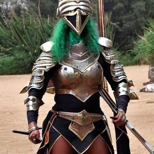Prompt: photo of a female warrior with malachite armour