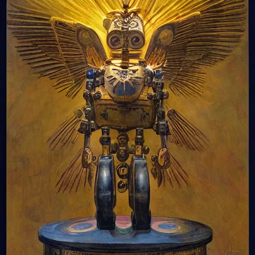 Image similar to sculpture of an ornate robot bird, by annie swynnerton and diego rivera and nicholas roerich and jean delville, symbolist, dramatic lighting, god rays, art brut, rich colors, smooth, sharp focus, extremely detailed, adolf wolfli, by janet fish and ( donato giancola and bilibin )