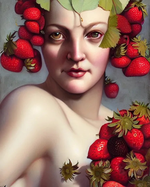Image similar to beauty portrait, drew barrymore, strawberries, headgear leaves, wild berries, by tom bagshaw, greg rutkowski, ilya kuvshinov, craig mullins, intricate background