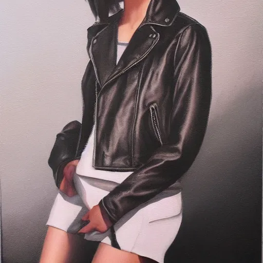 Image similar to perfect, realistic oil painting of close-up japanese young woman wearing leather jacket