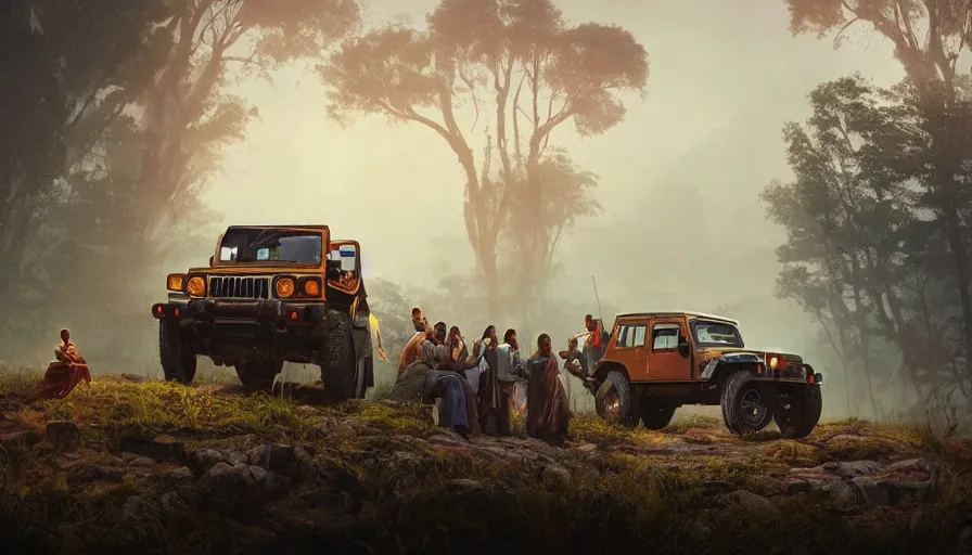 Image similar to Mahindra Thar with tribe members nearby, an epic fantasy, dramatic lighting, cinematic, establishing shot, extremely high detail, photorealistic, cinematic lighting, artstation, by simon stalenhag, horizon forbidden west