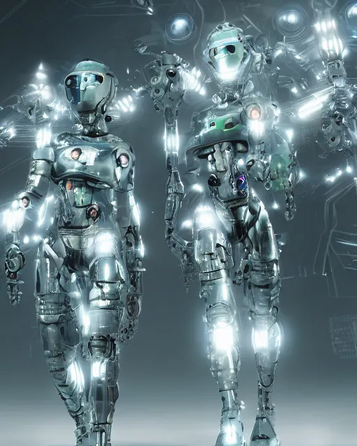 Image similar to cyborg cybersuits goddesses, microchip, artificial intelligence, bio-mechanical bio-luminescence, neurons, nerve cells, octane render, cinematic, rim light, hyper realism, high detail, masterpiece, high fashion