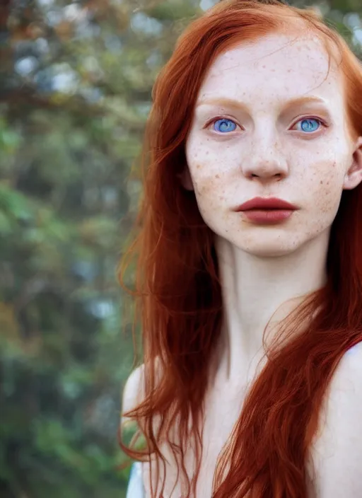 Image similar to close up portrait photograph of a thin young redhead woman with russian descent, sunbathed skin, with deep blue symmetrical!! eyes and Wavy long maroon colored hair who looks directly at the camera, with a Slightly open mouth, face takes up half of the photo. a park visible in the background. 55mm nikon. Intricate. Very detailed 8k texture. Sharp. Cinematic post-processing. Award winning portrait photography. Sharp eyes.