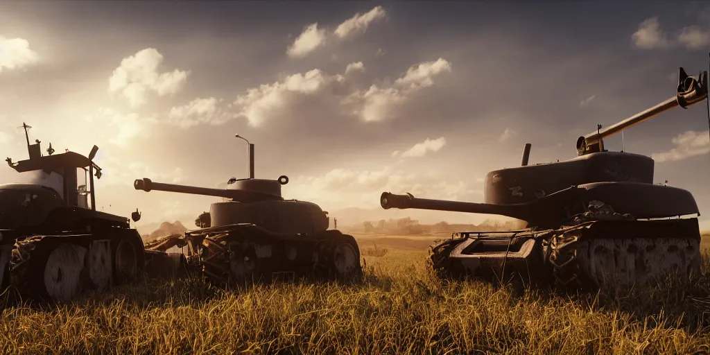 Image similar to tank and tractor standing close to each other, highly detailed, photorealistic portrait, bright studio setting, studio lighting, crisp quality and light reflections, unreal engine 5 quality render