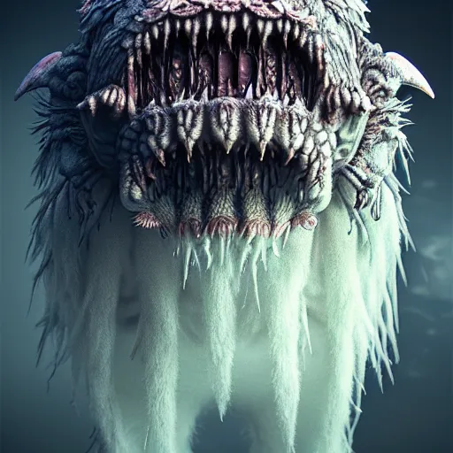 Image similar to cute chthonic fluffy monster by Ayami Kojima, Beksinski, Giger, vray render, unreal engine, 50mm lens, bottom angle