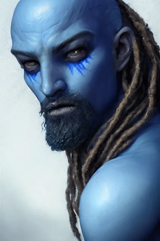 Image similar to portrait of a blue skin genasi with a square jaw from d & d by greg rutkowski, blue skin, caucasian, black dreadlocks and small beard, tempest priest, runic rings, d & d character, blue, ocean background, highly detailed portrait, digital painting, artstation, concept art, smooth, sharp foccus ilustration, artstation hq