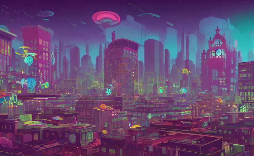 Prompt: Wide angle shot of a city with holographic fishes floating in the sky by James Gilleard, Mark Ryden, Wolfgang Lettl highly detailed, Dark cineamtic and atmospheric lighting