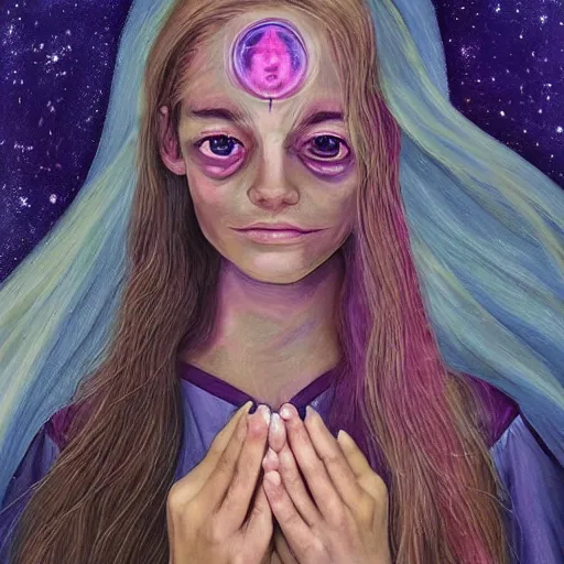 Prompt: a portrait of a beautiful young witch praying a psychic prayer that is surreally becoming real as the pretty mentally insane young witch inquisitively smirks at you. slender, pretty and stunning young witch with long straight hair wearing an English school uniform, with mental insanity imagines an image of a psychic energetic state of lucid reality. ultra detailed painting at 16K resolution and epic visuals. epically surreally beautiful image. amazing effect, image looks crazily crisp as far as it's visual fidelity goes, absolutely outstanding. vivid clarity. ultra. iridescent. mind-breaking. English school uniform-wearing young witch illustrated as a portrait. mega-beautiful pencil shadowing. Ultra High Definition. holy art that looks like it is portraying a normal young lady.