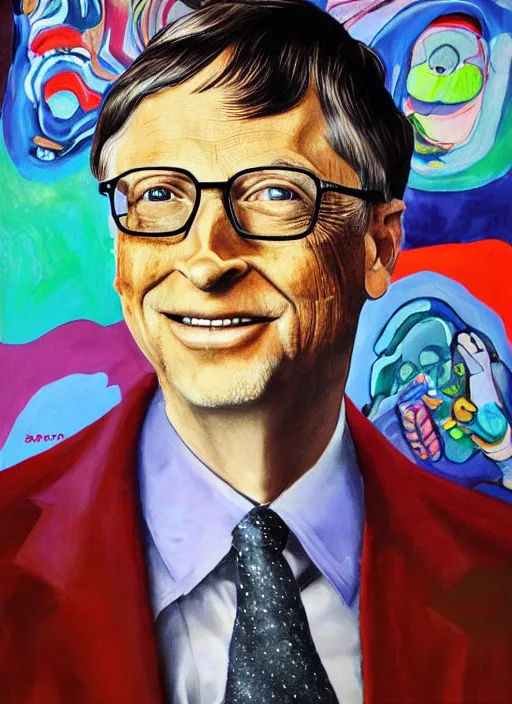 Image similar to photo portrait painting of bill gates on shrooms, expose yourself to art