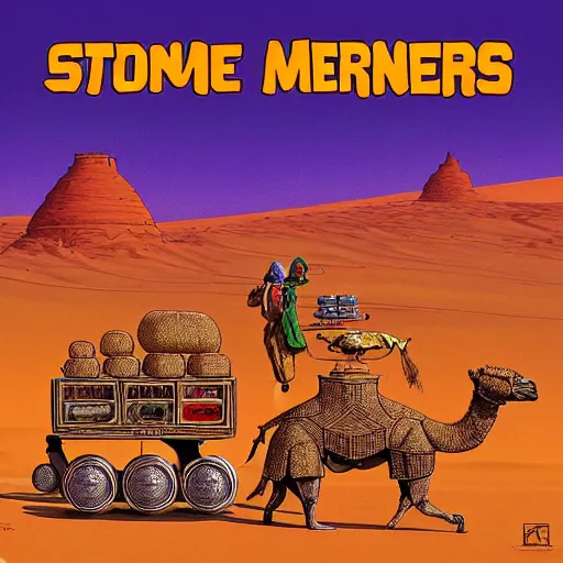 Prompt: several stoner merchants in robes with integrated bong gas mask appliances, trucking bales of herbs across an alien desert with camel-like creatures in tow. Album art by Arik Roper and Jean Giraud