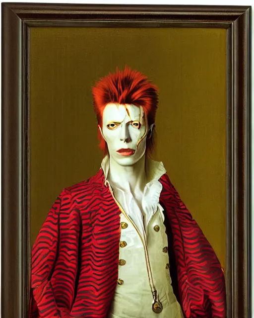 Prompt: a detailed portrait of david bowie as ziggy stardust by jean auguste dominique ingres, neoclassical, illuminated manuscript, gold leaf