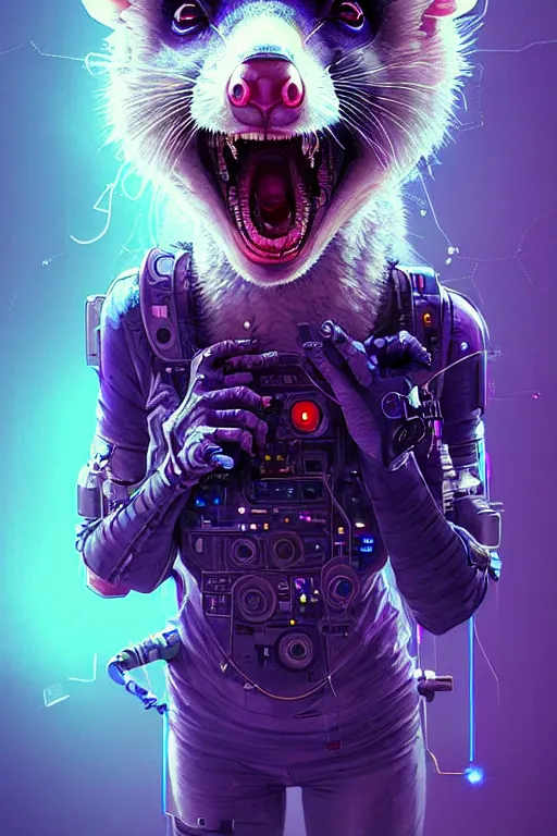 Image similar to a beautiful portrait of a cute cyberpunk opossum screaming by sandra chevrier and greg rutkowski and wlop, purple blue color scheme, high key lighting, volumetric light, digital art, highly detailed, fine detail, intricate, ornate, complex, octane render, unreal engine, photorealistic