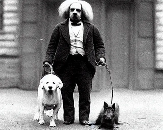 Image similar to a photo of canine karl marx ( karl barx ) as a dog, barking about the failures of capitalism and how the fat cats are creating a rat race of exploitation. how does one write a manifesto with those paws though?