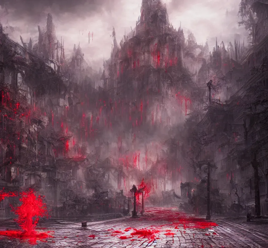 Prompt: blood rain in town, fantasy artwork, very beautiful scenery, hd, hdr, ue 5, ue 6, unreal engine 5, cinematic 4 k wallpaper, 8 k, ultra detailed, by popular digital artist,