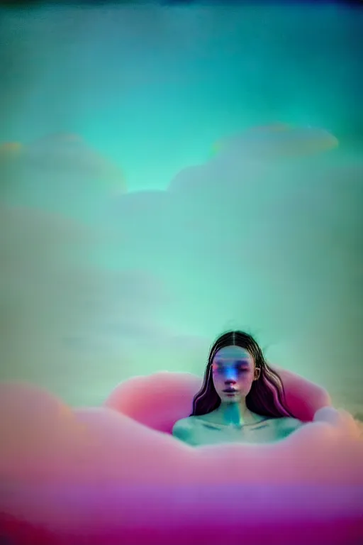 Image similar to high quality pastel coloured film close up wide angle photograph of a model wearing clothing swimming on cloud furniture in a icelandic black rock!! environment in a partially haze filled dreamstate world. three point light, rainbow. photographic production. art directed. pastel colours. volumetric clouds. pastel gradient overlay. waves glitch artefacts. extreme facial clarity. 8 k. filmic.