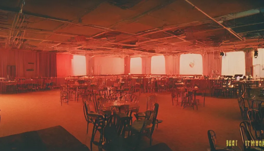 Image similar to 70s movie still of limonal space ballroom , cinestill 800t Technicolor, heavy grain, high quality, criterion collection