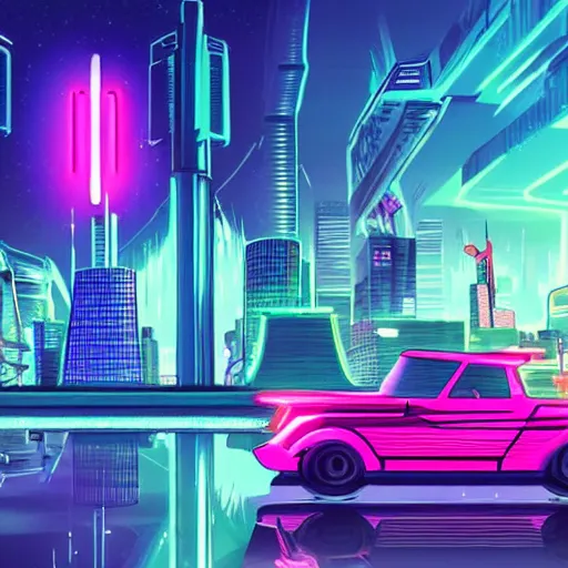 Image similar to a cyberpunk corgi in a futuristic city, flying cars, neon lights, synthwave, digital illustration