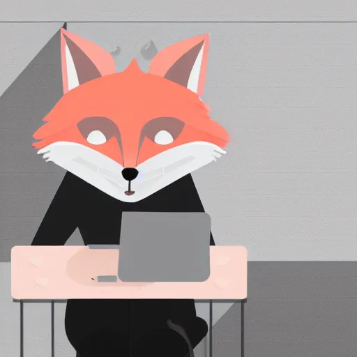 Prompt: A light pink anthropomorphic fox sits at a desk typing on a laptop with a cup of coffee