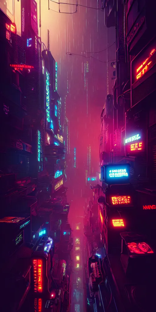 Image similar to epic cyberpunk arcade city : : blade runner, james guilleard, beeple, laurie greasley, dan mcpharlin : : ornate, dynamic, particulate, rich colors, intricate, elegant, highly detailed, centered, artstation, smooth, sharp focus, octane render, 3 d