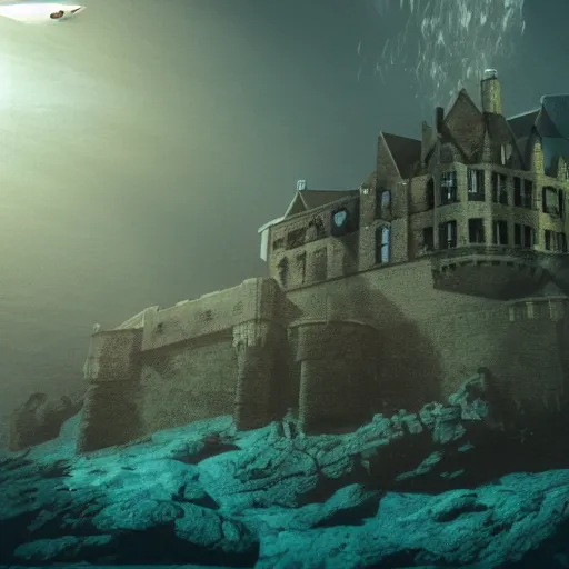 Image similar to underwater edinburgh castle, deep underwater, fish shoal, concept art in style of Greg Rutkowki, dynamic lighting, 8k, very very very highly detailed, hyper realistic realistic