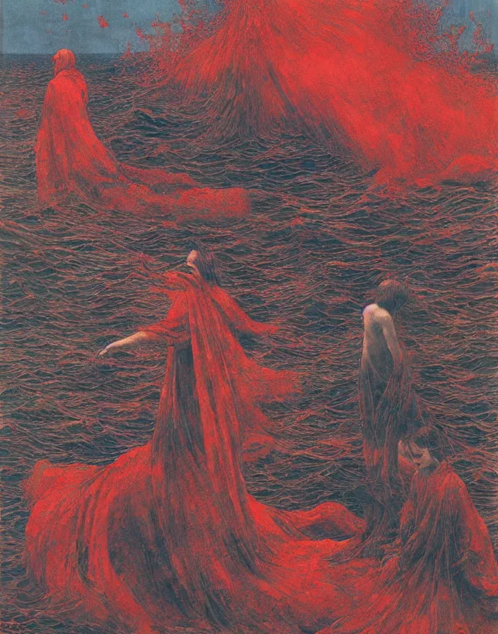 Image similar to worshippers in red robes wading through waves, high detailed beksinski painting, part by adrian ghenie and gerhard richter. art by takato yamamoto. masterpiece, deep colours, blue