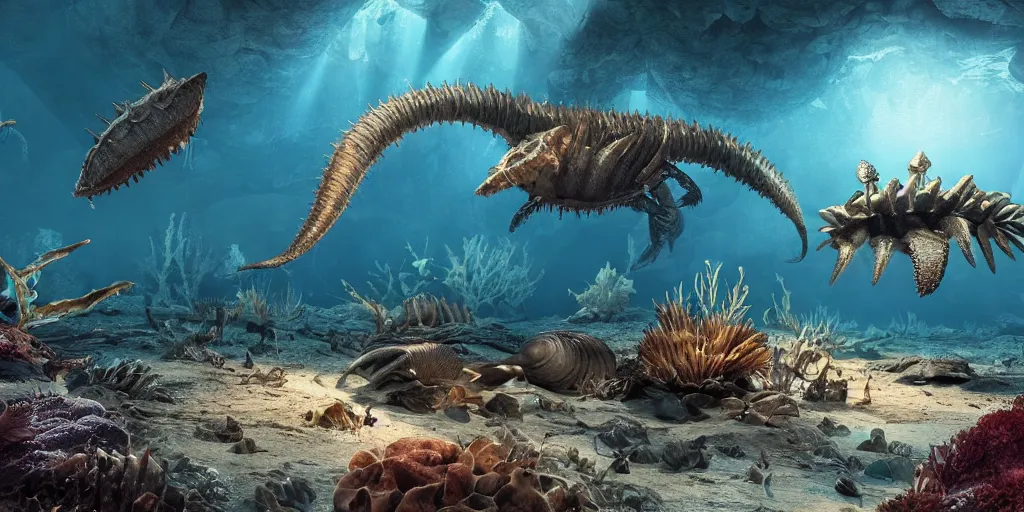 Prompt: underwater view of a variety of cambrian era predators and prey ammonites, giant sea scorpions, echinoderms, horseshoe crabs, octane render, cinema 4 d, light rays, cinematic lighting, golden ratio, underwater photography, realistic, volumetric lighting, wildlife documentary, by greg rutkowski