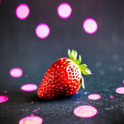 Prompt: a macro photo of a wet strawberry, hyper realistic, hyper detailed, 35mm, very grainy film, pink volumetric studio lighting, bokeh, black background award winning shot, vogue magazine, cinematic, 8k, very closeup, elegant, tender, pastel