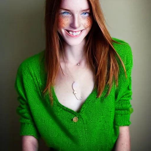 Image similar to a beautiful trending photo of over a ten million views from a beautiful freckled female fashion model's instagram account with her smiling and flashing her bright green eyes, she's is natural, easygoing and healthy, shot with nikon, leica, zeiss, 5 0 mm lens, flash fill, f 1. 8 depth of field, 8 k, professional!!!