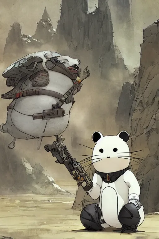 Image similar to anthropomorphic rodent with white and black ancestral ornate japanese tactical gear on an abandonment desert planet, long shot, rule of thirds, golden ratio, graphic novel by fiona staples and dustin nguyen, by beaststars and orange, peter elson, alan bean, studio ghibli, makoto shinkai